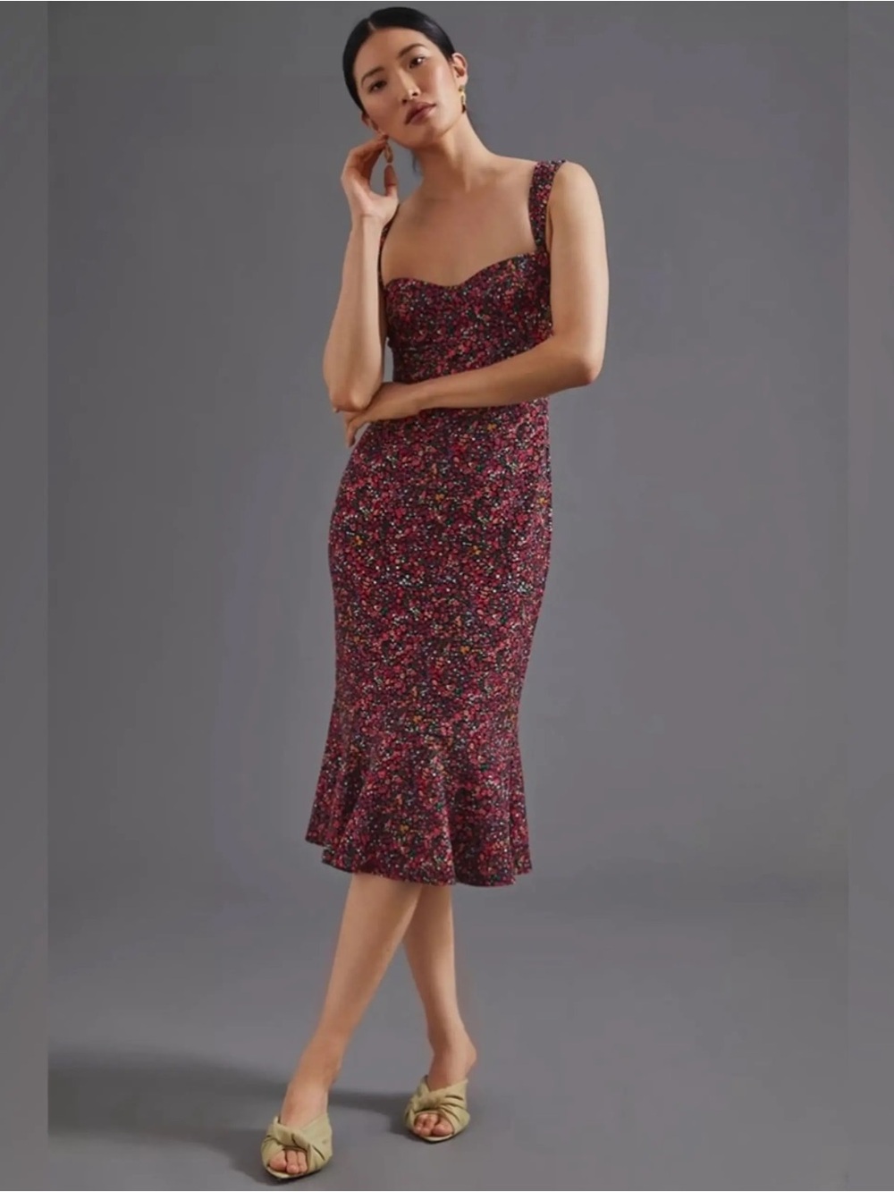 Hutch from Anthropologie Floral Sweetheart Midi Dress in Burgundy size XS
